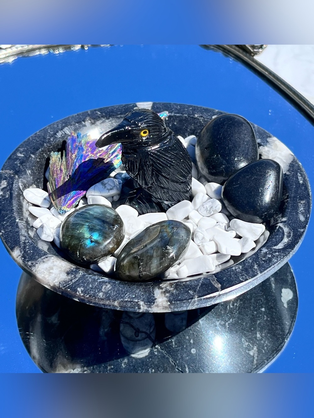Orthoceras Fossil Bowl, Obsidian Crow / Raven, Irridized Kyanite, Shungite…